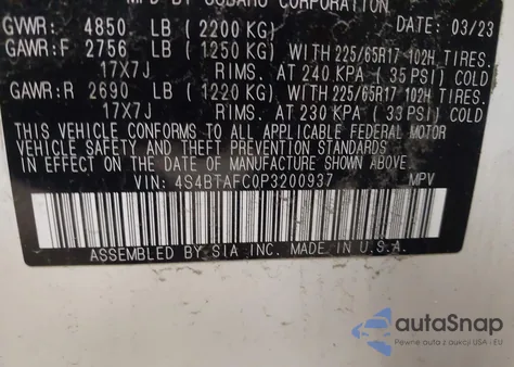 2023 Subaru Outback Premium z USA, uszkodzony, nr VIN 4S4BTAFC0P3200937